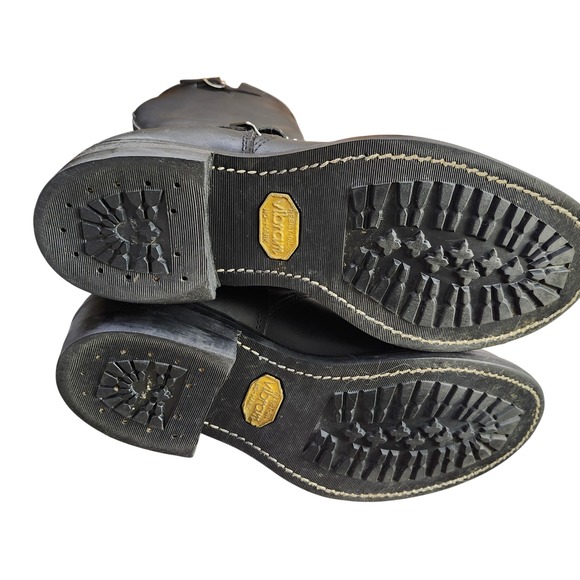 Tall Black Leather Moto Engineer Boots Mens Size 10 D Vibram Soles Buckle Straps - Picture 8 of 13